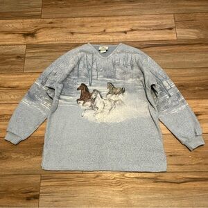 Artisans Horse Sweater SZ Medium Equestrian Winter Scene Blue Vintage
